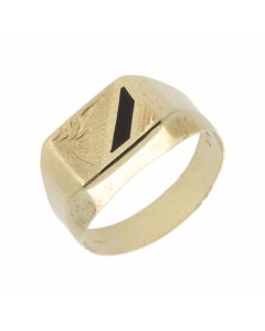 New 9ct Yellow Gold Onyx Detail Patterned Signet Ring