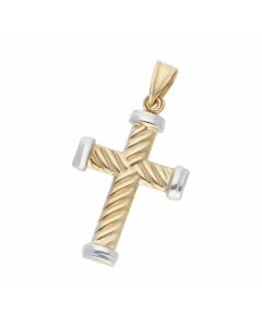 New 9ct Yellow & White Gold Ribbed Effect Cross Pendant