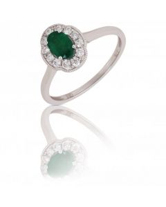 New 9ct White Gold Emerald & Diamond Oval Halo Cluster Ring