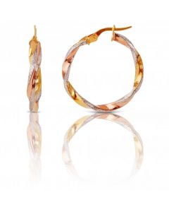 New 9ct Three Colour Gold Patterned & Polished Twisted Hoops