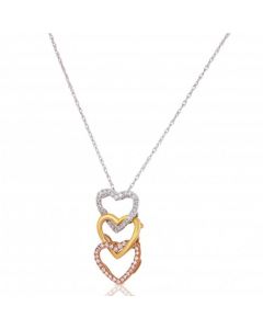 New 9ct 3 Colour Gold Diamond Set Triple Heart Pendant Necklace