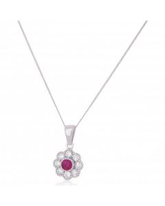 New 18ct White Gold Ruby & Diamond Cluster Pendant & Necklace