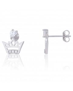 New Sterling Silver Cubic Zirconia Princess Crown Stud Earrings