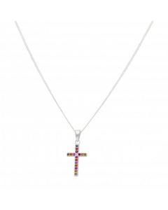 New Sterling Silver Rainbow Cubic Zirconia Cross Necklace