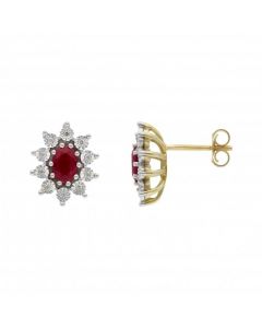 New 9ct Yellow Gold Ruby & Diamond Oval Cluster Stud Earrings