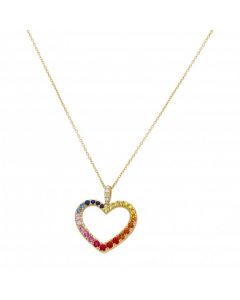 New 9ct Yellow Gold Rainbow Sapphire & Diamond Heart Necklace