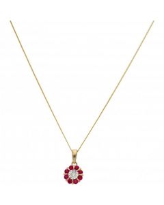 New 9ct Yellow Gold Ruby & Diamond Cluster Pendant & Necklace