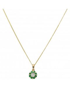 New 9ct Yellow Gold Emerald & Diamond Cluster Pendant & Necklace