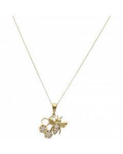 New 9ct Yellow Gold Bee & Honeycomb Pendant & Chain Necklace