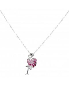 New Sterling Silver Pink Stone Set Flamingo Pendant & Necklace