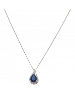 New 9ct White Gold Sapphire & Diamond Pendant & Chain Necklace