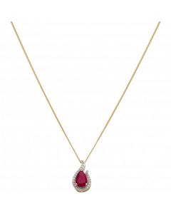 New 9ct Gold Ruby & Diamond Pear Shaped Pendant & Necklace