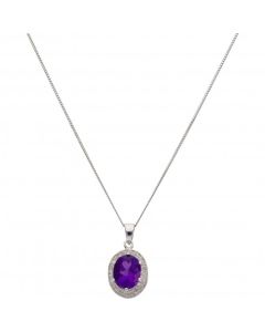 New 9ct White Gold Amethyst & Diamond Cluster Pendant & Necklace