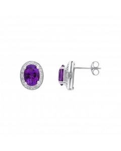 New 9ct White Gold Amethyst & Diamond Oval Cluster Stud Earrings