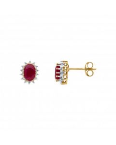 New 9ct Yellow Gold Ruby & Diamond Oval Cluster Stud Earrings