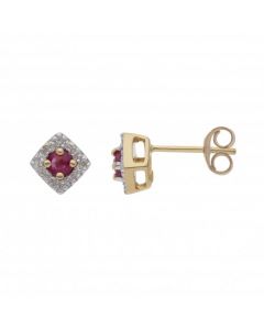New 9ct Yellow Gold Ruby & Diamond Square Stud Earrings