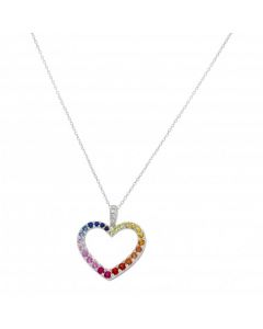 New 9ct White Gold Rainbow Sapphire & Diamond Heart Necklace