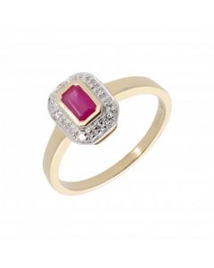 New 9ct Yellow Gold Ruby & Diamond Rectangle Cluster Ring