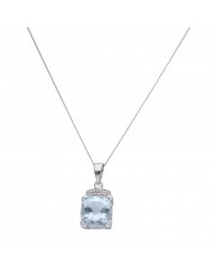 New 9ct White Gold Aquamarine & Diamond Pendant & 18" Necklace