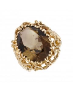 Pre-Owned 9ct Yellow Gold Oval Smoky Quartz Filigree Dress Ring