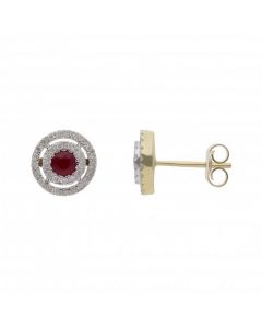 New 9ct Yellow Gold Ruby & Diamond Round Halo Stud Earrings