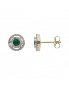 New 9ct Yellow Gold Emerald & Diamond Round Halo Stud Earrings
