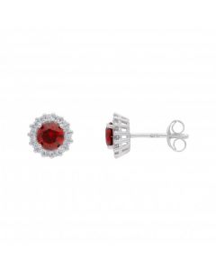 New Sterling Silver Red Cubic Zirconia Halo Stud Earrings