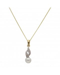 New 9ct Yellow Gold Pearl & Diamond Pendant & 18" Necklace