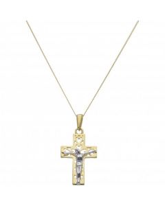 New 9ct 2 Colour Gold Crucifix Pendant & 18" Chain Necklace
