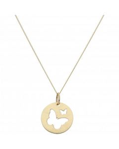 New 9ct Yellow Gold Butterfly Disc Pendant & 18" Chain Necklace