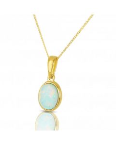 New 9ct Yellow Gold Cultured Opal Pendant & 18" Chain Necklace