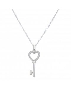 New Sterling Silver Cubic Zirconia Heart Key Pendant & 18" Chain