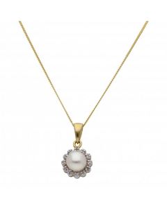 New 9ct Yellow Gold Pearl & Diamond Pendant & 18" Necklace