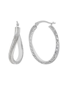 New Rhodium Finish Silver Moondust Twisted Oval Creole Earrings