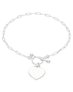 New Sterling Silver Paperclip Link Heart Tag T-Bar Bracelet