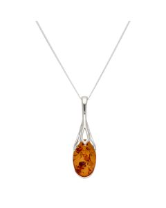 New Sterling Silver Amber Long Drop Pendant & 20" Necklace