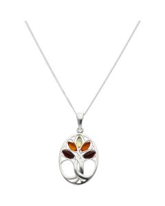 New Sterling Silver Mixed Amber Tree Of Life Pendant Necklace