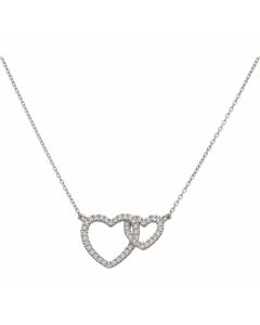 New Sterling Silver Cubic Zirconia Set Double Heart 16" Necklace