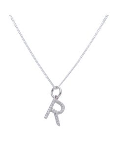 New Silver Cubic Zirconia Set Initial R & 18 Inch Chain Necklace