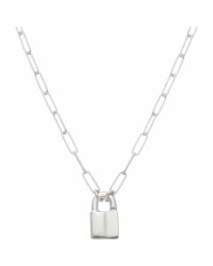 New Sterling Silver 18 Inch Paperclip Link & Padlock Necklace