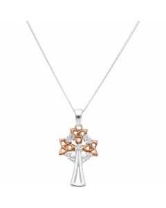 New Silver & Rose Cubic Zirconia Celtic Cross & 18" Necklace