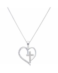 New Sterling Silver Cubic Zirconia Cross Heart & Chain Necklace