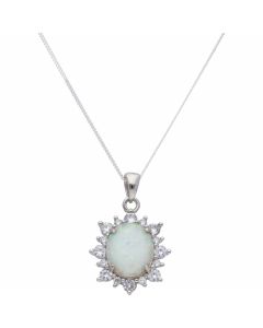 New Sterling Silver Synthetic Opal & Cubic Zirconia & 18" Chain