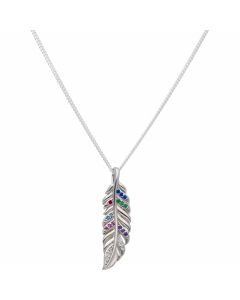 New Sterling Silver Multi-Colour Stone Set Feather 18" Necklace