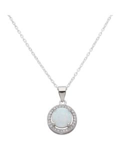 New Sterling Silver Synthetic Opal & CZ Pendant & 18" Necklace