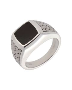 New Sterling Silver Onyx Herring-Bone Pattern Signet Ring