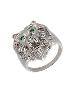 New Sterling Silver Green Eyes Lion Head Ring