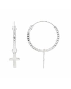 New Sterling Silver Cross Drop Diamond-Cut Sleeper Hoop Earrings