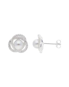 New Silver Simulated Pearl & Cubic Zirconia Knot Earrings
