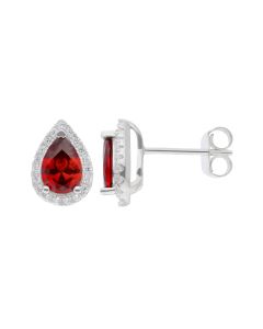 New Sterling Silver Red Cubic Zirconia Pear Stud Earrings